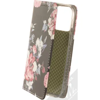 Pouzdro na mobilní telefon 1Mcz Trendy Book Záhon růží v noční zahradě 1 flipové pouzdro pro Apple iPhone 13 Pro černá bílá růžová (black white pink)