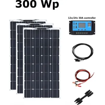 solární set Solární set, 3x flexibilní solární panel 100Wp (celkem 300Wp), PWM Regulátor 20A, kabel pro připojení solárních panelů, kabel pro připojení k baterii 12 nebo 24V (Solární panel 100Wp, solární regulátor, flexibilní solární panel)