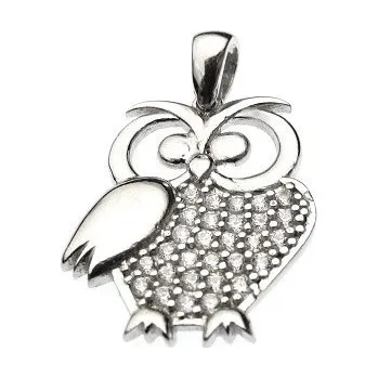 Přívěsek Stříbrný přívěsek sova 28mm se zirkony Rhodium Stříbro 925/1000