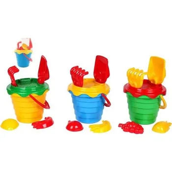 Hračka na písek Teddies Sada na písek plast kbelík se sítkem 15x13cm, lopatka, hrabičky, 2 bábovky