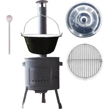 Kempingové nádobí Smaltovaný kotlík 16 L + rošt na grilování 40 cm + nízká kotlina 39 cm žáruvzdorná barva PLUS 600 + nerezová poklice + vařečka