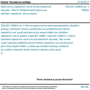 Čistička odpadních vod ČSN EN 12566-6 ed. 2 - Malé čistírny odpadních vod do 50 ekvivalentních obyvatel - Část 6: Prefabrikované čistírny pro dočištění odpadních vod ze septiků - Tisk