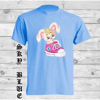 Dívčí tričko detske-levne-bavlnene-tricko-potisk-kralik-bota Barva: Sky blue - nebesky modrá, velikost: 152