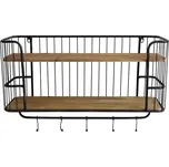 Černá antik nástěnná kovová polička s dřevěnými poličkami a háčky Hokie - 72*20*45cm