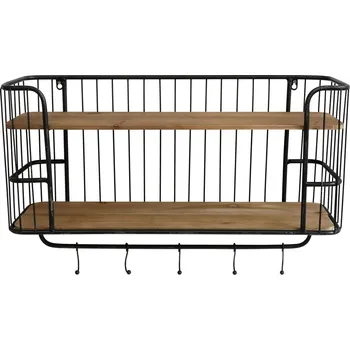 police Černá antik nástěnná kovová polička s dřevěnými poličkami a háčky Hokie - 72*20*45cm