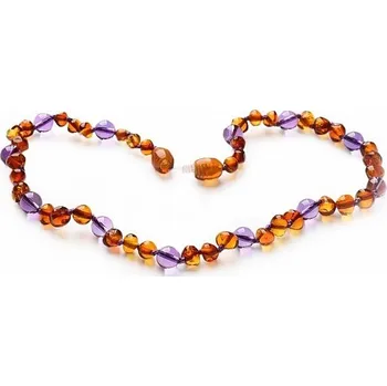 Náhrdelník Nefertitis Jantarové korálky pro děti baroque barvy koňaku s ametystem délka cca 32 cm