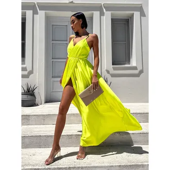 Dámské šaty Neon zelené lesklé dlouhé plesové šaty CHRYSANTHE Velikost: ONESIZE