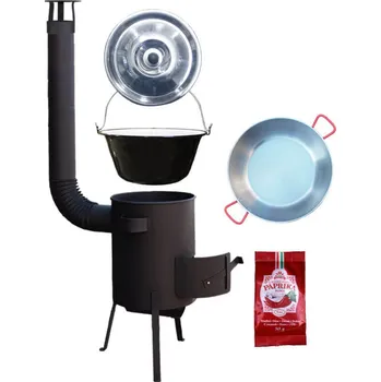 Kempingové nádobí Smaltovaný kotlík 22 L + pánev PAELLA (WOK) 45 cm + žáruvzdorná kotlina 42 PLUS 600 s roštem na popel 4 mm+ nerezová poklice + sladká paprika GURMÁN 50 g