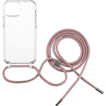 Pouzdro na mobilní telefon FIXED Pure Neck pro Apple iPhone 13 Mini růžová šňůrka/transparentní