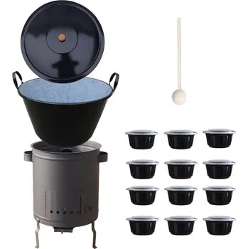 Kempingové nádobí Smaltovaný kotel 60 L + silná kovová kotlina 53 cm (1,5 mm) STRONG žáruvzdorná barva PLUS 600 + plastové boxy (misky) s víkem 12 ks