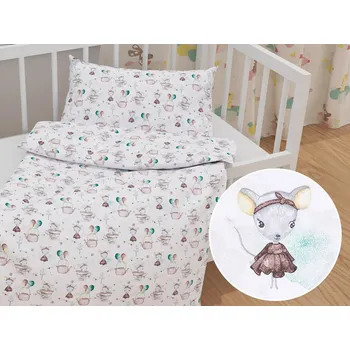 Povlečení Dětské bavlněné povlečení do postýlky Sandra SA-372 Myšky a konvičky na bílém Do postýlky 90x140 a 40x60 cm