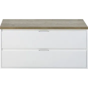 Koupelnový nábytek Koupelnová skříňka pod umyvadlo Porto 120 cm s umyvadlovou deskou bílá vysoce lesklá / dub přírodní