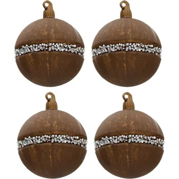 Vánoční ozdoba Hnědá vánoční koule se stříbrným zdobením (sada 4ks) – 8 cm