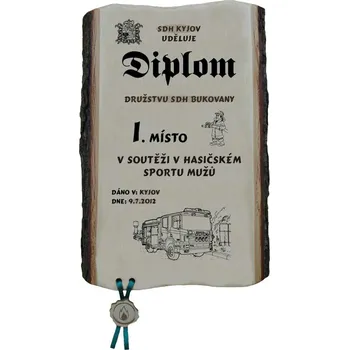 Diplom v hasičském sportu č. 792 na desce s kůrou 3D