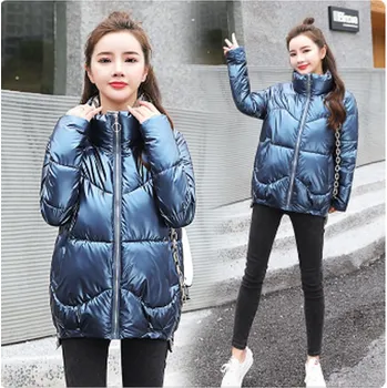 Dámská lesklá prošívaná péřová bunda Barva: modrá, Velikost: M