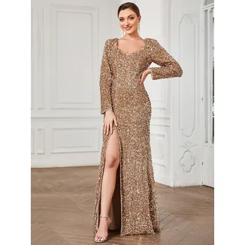 Dámské šaty Lesklé flitrové šaty s rozparkem na noze a výstřihem Barva: Béžová, Velikost: S