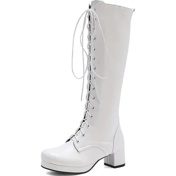 Dámské kozačky Šněrovací kožené kozačky na hranatém podpatku Barva: Bílá, Velikost: 39