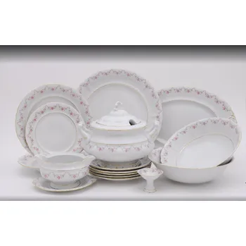 Talíř Sonáta, Jídelní souprava 25-ti dílná, dekor růžičky se zlatou linkou, Leander