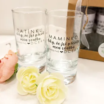 Svatební dekorace Svatební sklenička (panák) pro maminku nevěsty - Maminko, díky že jsi přežila mou svatbu