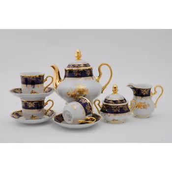 Čajovna Mary-Anne, Čajová souprava 15-ti dílná, vzor Zlatá růže s kobaltem, Leander