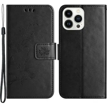 Pouzdro na mobilní telefon Flower PU kožené peněženkové pouzdro na mobil iPhone 14 Pro Max 6.7 - černé