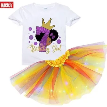 Dívčí oblečení Čína Dívčí narozeninový set trika a svítící tutu sukně - 7 let Barva: Žlutá, Velikost: 140 triko + uni sukně