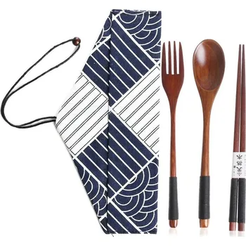 Sada nádobí Made in Japan Sada příborů - Tradiční dřevěné hůlky, vidlička, lžíce - ruční vázání tmavé (XL)