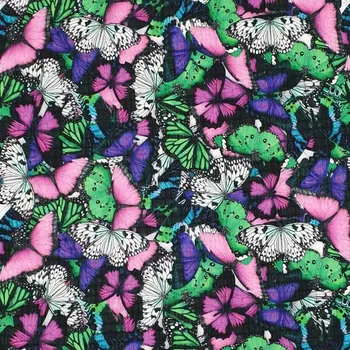 Šatovka N5853 krep, růžovo-zelení motýli, š.140