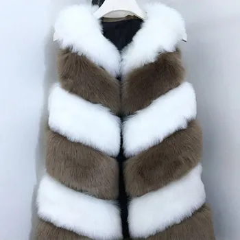 Dámská vesta Dlouhá vesta kožešinová vícebarevný kožich s pruhy Barva: Světle Hnědá, Velikost: 2XL