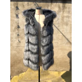 Dámská vesta Chlupatá vesta s kapucí kožich prošívaný bez rukávů Barva: Stříbrná, Velikost: 4XL