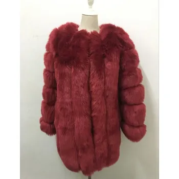 Dámská parka Dlhý kožuch s okrúhlym výstrihom bunda kožušinová Barva: Vínová, Velikost: L