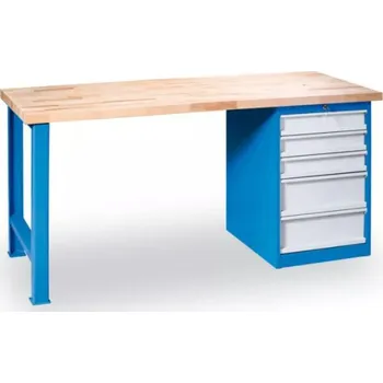 Dílenský stůl Dílenský stůl Variant, buková spárovka, pevná noha + zásuvkový dílenský box, 5 zásuvek, 1500 x 685 x 850 mm, modrá
