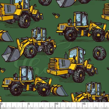 Zakázkový tisk, softshell, kočárkovina... Stavební stroje na khaki Látky k tisku: Microfirba