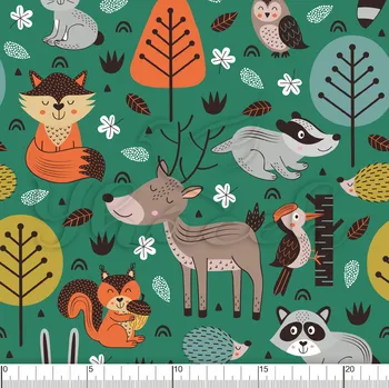 Zakázkový tisk, softshell, kočárkovina... Lesní zvířátka zelená Látky k tisku: Kočárkovina