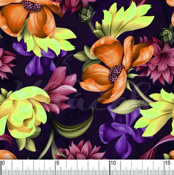 Zakázkový tisk, softshell, kočárkovina... Oranžové květy na tmavém podkladu Látky k tisku: Microfirba