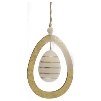 Velikonoční dekorace Vajíčko bílé závěsné v dřevěném kruhu 12x9x4x cm