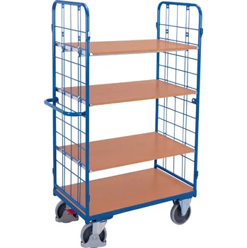 Variofit Vysoký policový vozík s madlem, mřížové bočnice, Variofit, 4 police (118 x 77 cm), do 500 kg, modrá/antracit Barva: modrá RAL5010