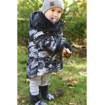Kojenecká bunda maskáčový softshellový kabátek s kapucí a šálou
