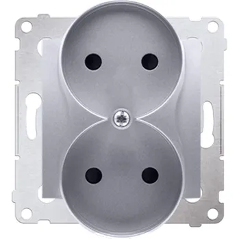 Elektrická zásuvka SIMON DG2MZN.01/43 dvojitá kolíková zásuvka bez uzemnění se clonami elektrických kolejí stříbrná