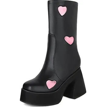 Dámské polobotky Kožené polokozačky chunky na podpatku se srdíčky Velikost: 42, Barva (Varianta): Černá