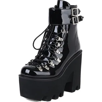 Dámské kozačky Masivní kotníkové boty se šněrováním s ozdobným páskem Velikost: 41, Barva (Varianta): Lakovaná kůže