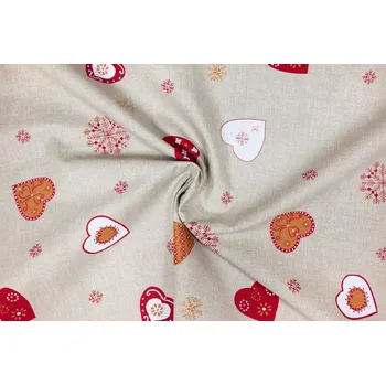 Bavlněné plátno vánoční srdce na pískovém melíru