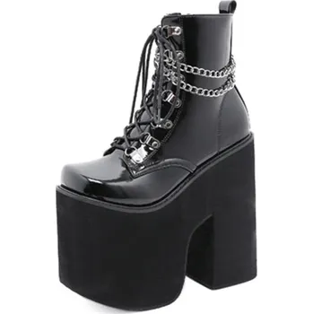 Dámské kozačky Lakované kotníkové boty s řetízkem na vysoké platformě GoodDayGirl Barva: Černá, Velikost: 42