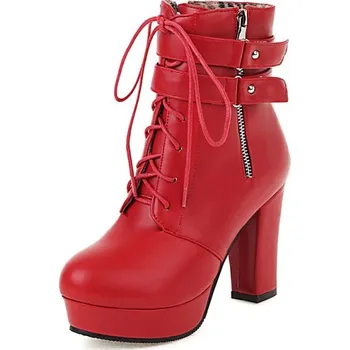 Dámské polobotky Módní polokozačky s pásky a zipem GoodDayGirl Fashion Barva: Červená, Velikost: 42