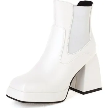 Dámské kozačky Kožené boty masivní Chelsea na širokém podpatku GoodDayGirl Barva: Bílá, Velikost: 37