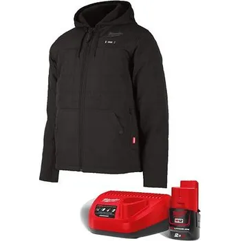 MILWAUKEE M12 HPJBL2-201 (L) vyhřívaná bunda prošívaná s kapucí, 12V/2Ah, držák aku baterie, černá