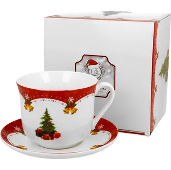 DUO Gifts DG - Porcelánový šálek s podšálkem Vánoční stromeček s dárky v dárkové krabičce - 470 ml