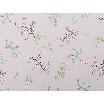 Bavlněná metráž / imitace lnu hrubší, květy / větvičky, barva režná