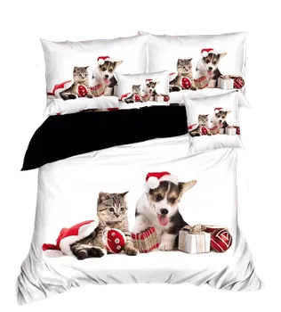 Ložní povlečení Bavlissimo Vánoční pes a kočka 3D bílé 2x 140 x 200, 2x 70 x 90, 2x 40 x 40 cm, prostěradlo 200 x 220 cm knoflíky