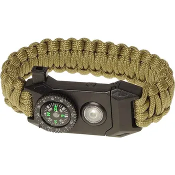 Vybavení pro přežití Paracord náramek s kompasem a světlem oliva (taktický náramek na přežití)